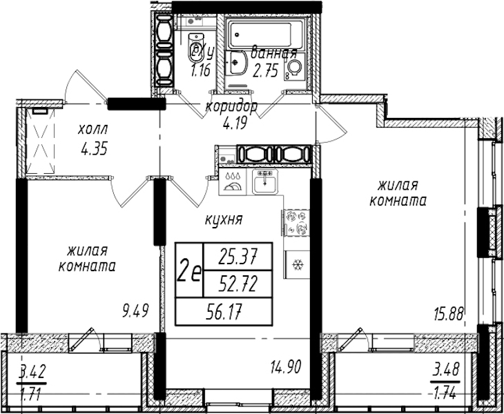 2-комнатная квартира 56.17 м², 23/25 эт., ЖК «Северная Долина»